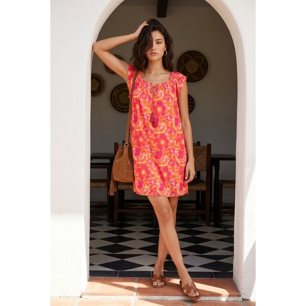 NWT Tribal Raspberry Vibrant Floral Square Neck Tassel Shift Dress Women's XL/TG